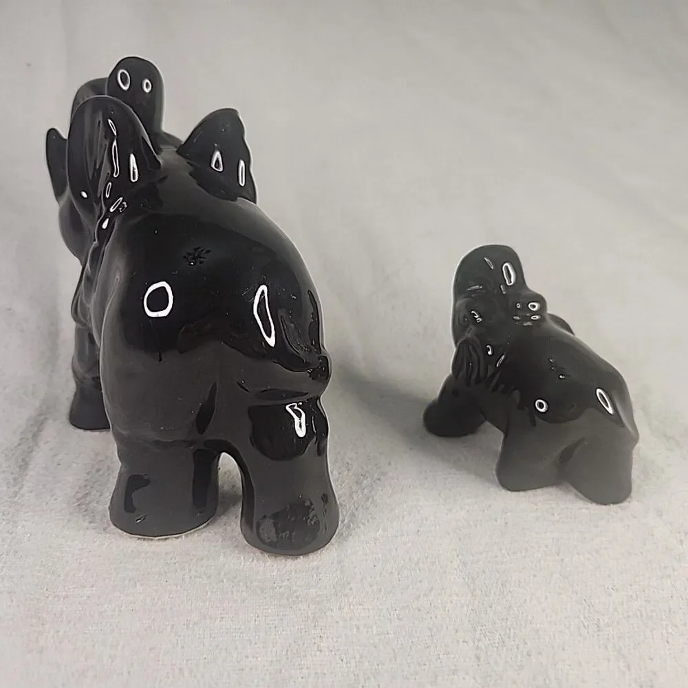 Elephant Figurine Black Ceramic Mother Baby Trunks Up Glossy Vintage MCM